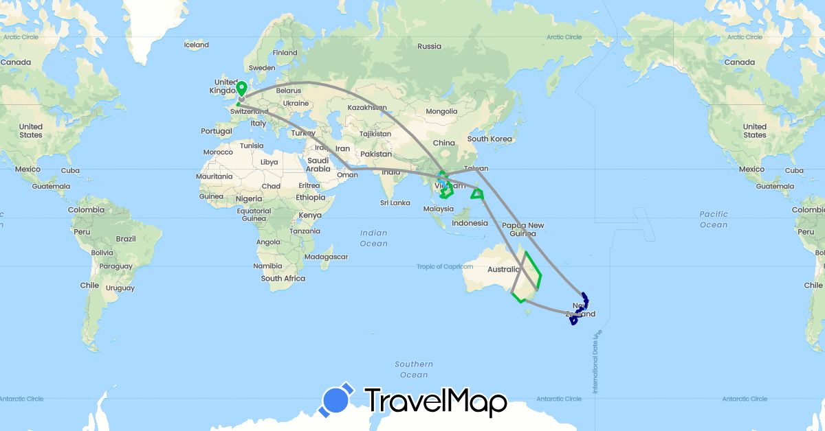 TravelMap itinerary: driving, bus, plane, boat in Australia, Belgium, France, Cambodia, Laos, New Zealand, Oman, Philippines, Russia, Thailand, Taiwan, Vietnam (Asia, Europe, Oceania)